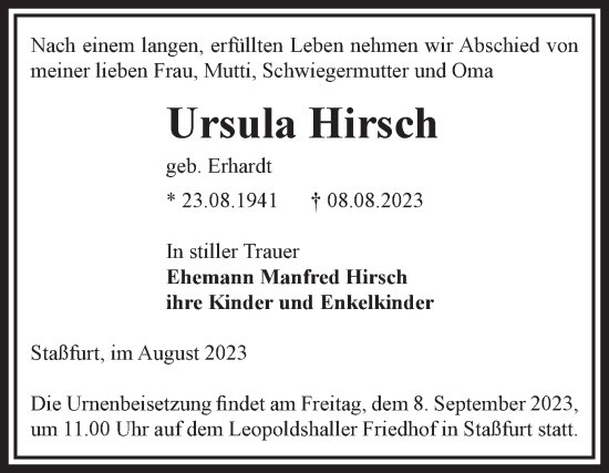 Traueranzeige von Ursula Hirsch von Volksstimme Staßfurt