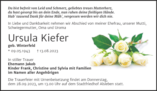 Traueranzeige von Ursula Kiefer von Trauerkombi Bernburg
