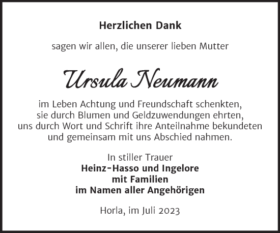 Traueranzeige von Ursula Neumann von Trauerkombi Sangerhausen