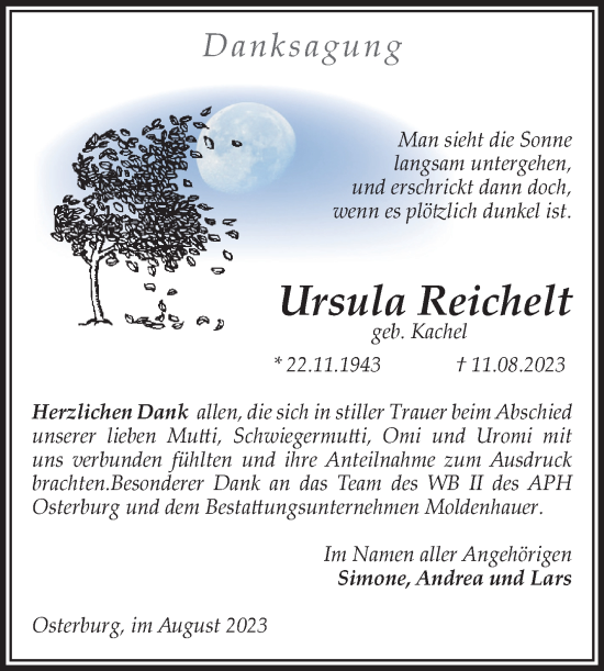 Traueranzeige von Ursula Reichelt von Volksstimme Altmark Ost