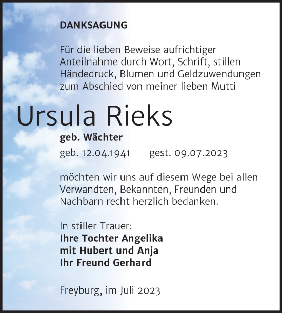 Traueranzeige von Ursula Rieks von Wochenspiegel Naumburg/Nebra