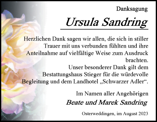 Traueranzeige von Ursula Sandring von Volksstimme Oschersleben/Wanzleben