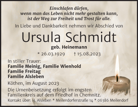 Traueranzeige von Ursula Schmidt von Trauerkombi Köthen
