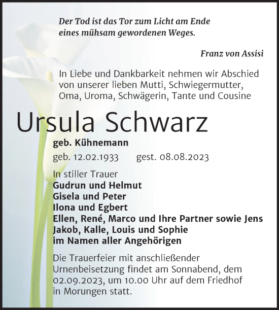 Traueranzeige von Ursula Schwarz von Trauerkombi Sangerhausen