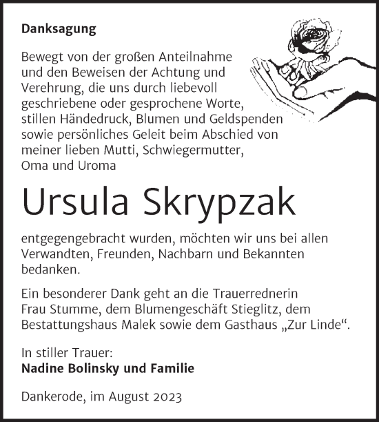 Traueranzeige von Ursula Skrypzak von Trauerkombi Quedlinburg