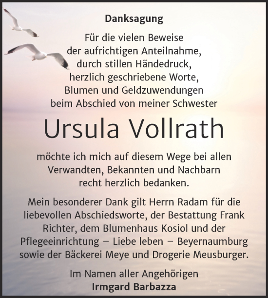 Traueranzeige von Ursula Vollrath von Mitteldeutsche Zeitung Sangerhausen