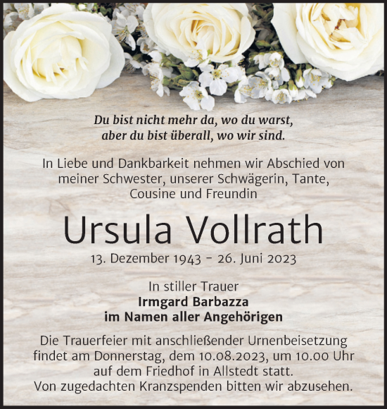 Traueranzeige von Ursula Vollrath von Mitteldeutsche Zeitung Sangerhausen