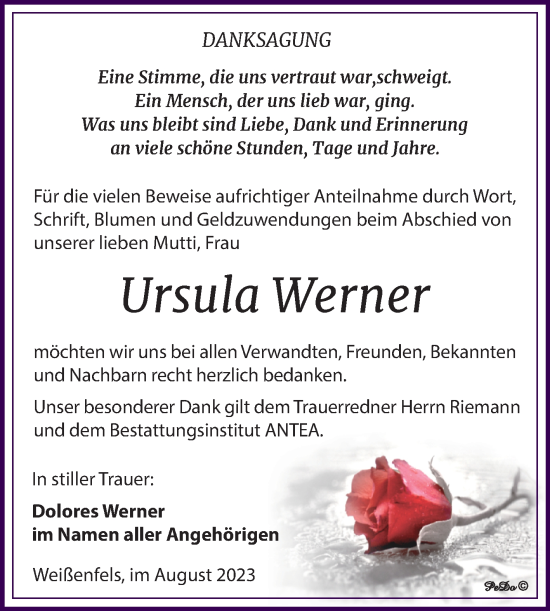 Traueranzeige von Ursula Werner von Trauerkombi Weißenfels