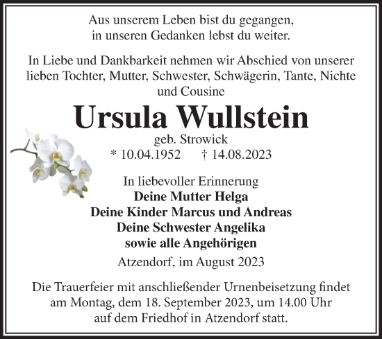 Traueranzeige von Ursula Wullstein von Volksstimme Staßfurt