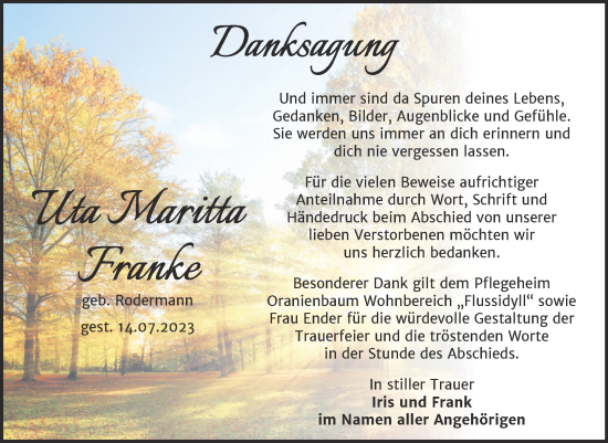 Traueranzeige von Uta Maritta Franke von Trauerkombi Wittenberg