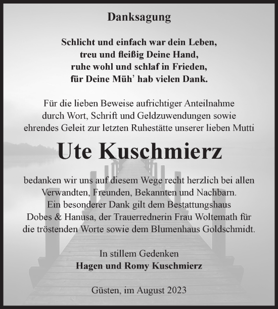Traueranzeige von Ute Kuschmierz von Volksstimme Staßfurt
