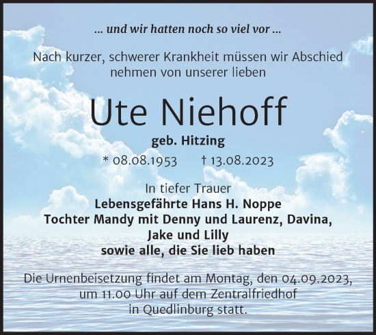 Traueranzeige von Ute Niehoff von Trauerkombi Quedlinburg