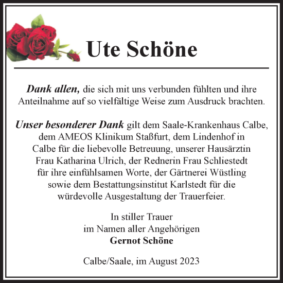 Traueranzeige von Ute Schöne von Volksstimme Schönebeck