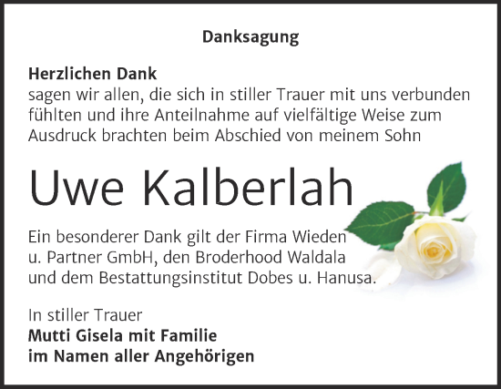 Traueranzeige von Uwe Kalberlah von Trauerkombi Bernburg