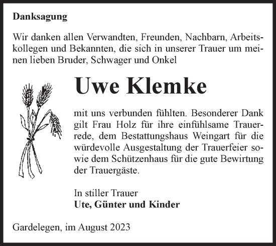 Traueranzeige von Uwe Klemke von Volksstimme Altmark West