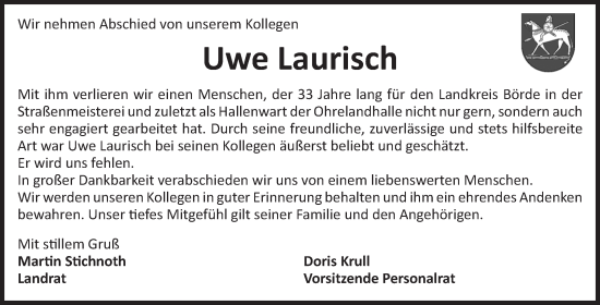 Traueranzeige von Uwe Laurisch von Volksstimme Haldensleben/Wolmirstedt