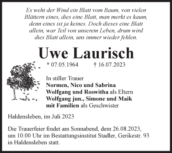 Traueranzeige von Uwe Laurisch von Volksstimme Haldensleben/Wolmirstedt