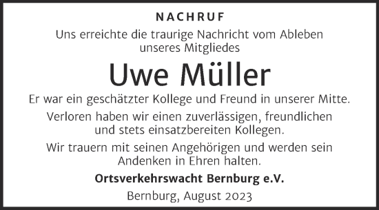 Traueranzeige von Uwe Müller von Super Sonntag Bernburg