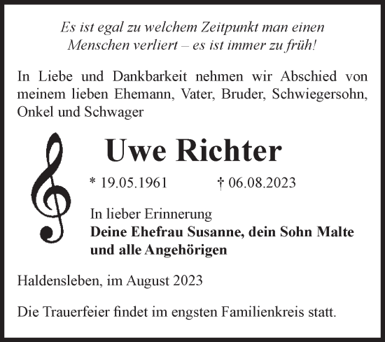 Traueranzeige von Uwe Richter von Volksstimme Haldensleben/Wolmirstedt