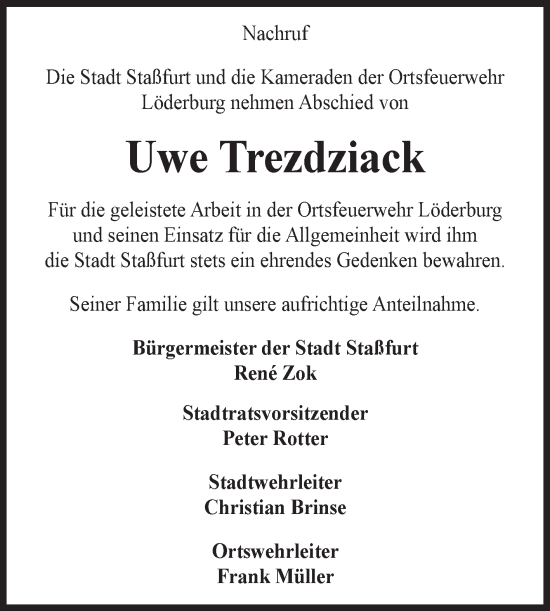 Traueranzeige von Uwe Trezdziack von Volksstimme Staßfurt