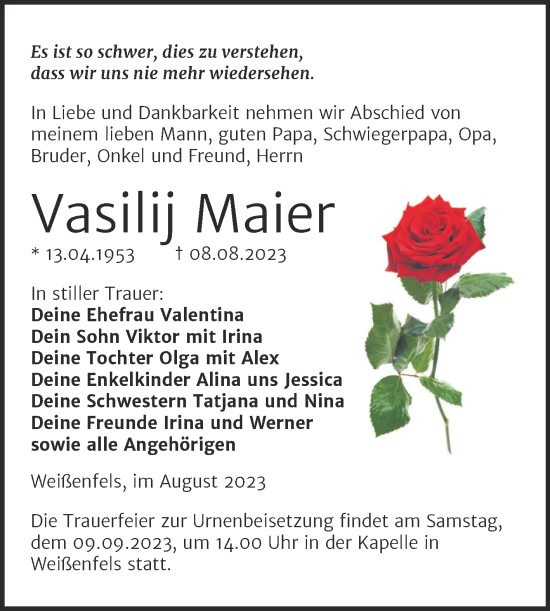 Traueranzeige von Vasilij Maier von Trauerkombi Weißenfels