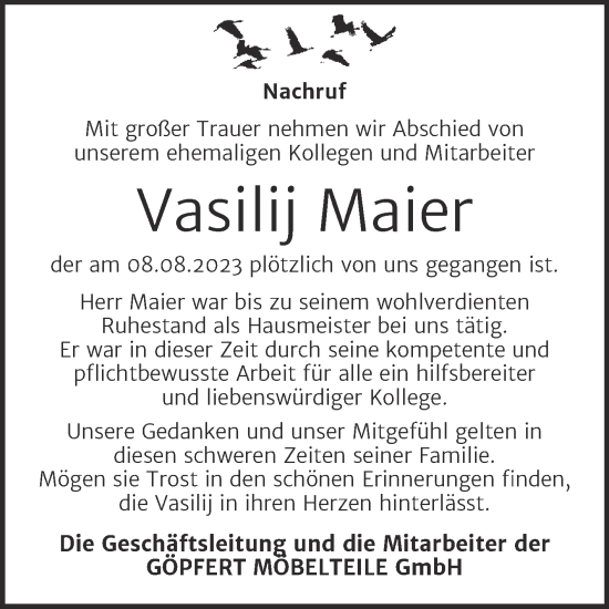 Traueranzeige von Vasilij Maier von Wochenspiegel Weißenfels