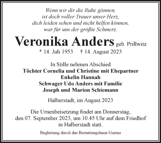 Traueranzeige von Veronika Anders von Volksstimme Halberstadt