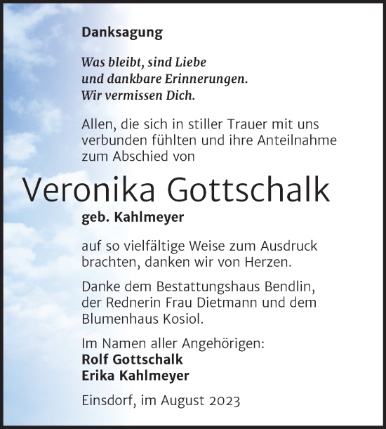 Traueranzeige von Veronika Gottschalk von Trauerkombi Sangerhausen