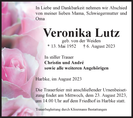 Traueranzeige von Veronika Lutz von Volksstimme Oschersleben/Wanzleben