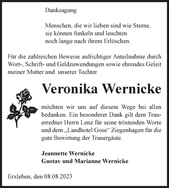 Traueranzeige von Veronika Wernicke von Volksstimme Altmark Ost