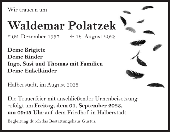 Traueranzeige von Waldemar Polatzek von Volksstimme Halberstadt