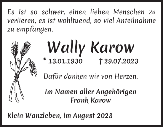 Traueranzeige von Wally Karow von Volksstimme Oschersleben/Wanzleben