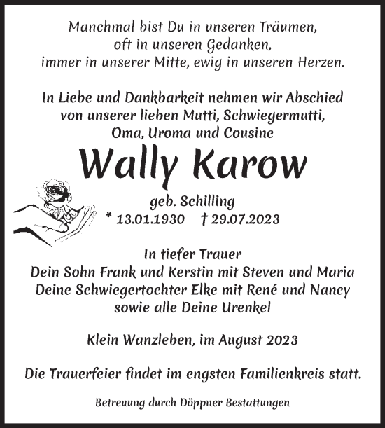 Traueranzeige von Wally Karow von Volksstimme Oschersleben/Wanzleben