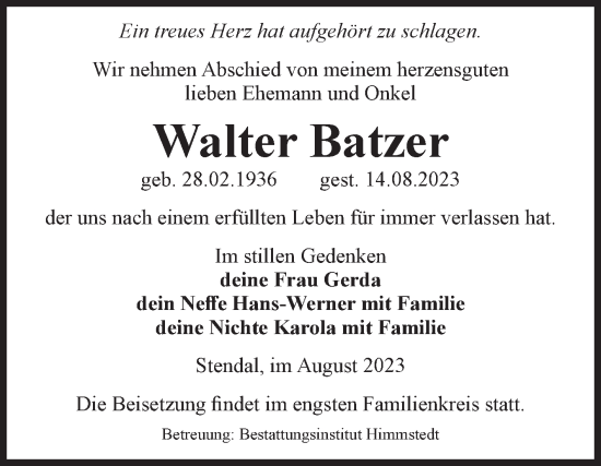 Traueranzeige von Walter Batzer von Volksstimme Altmark Ost