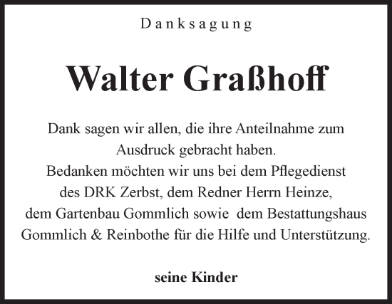Traueranzeige von Walter Graßhoff von Volksstimme Zerbst