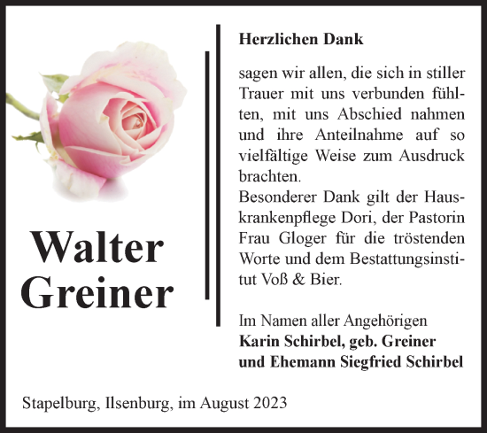 Traueranzeige von Walter Greiner von Volksstimme Wernigerode