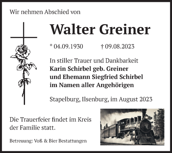 Traueranzeige von Walter Greiner von Volksstimme Wernigerode