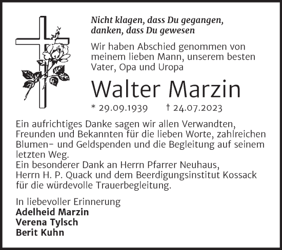 Traueranzeige von Walter Marzin von Trauerkombi Wittenberg
