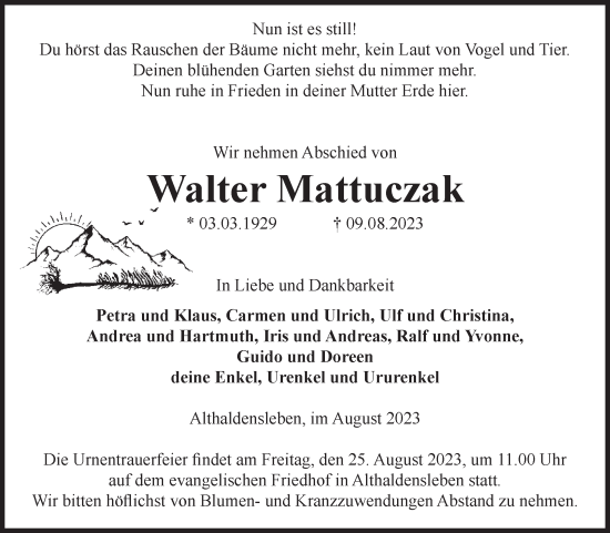 Traueranzeige von Walter Mattuczak von Volksstimme Haldensleben/Wolmirstedt