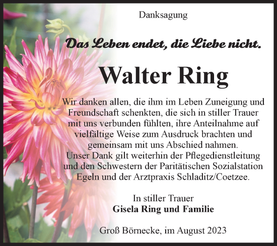 Traueranzeige von Walter Ring von Volksstimme Staßfurt