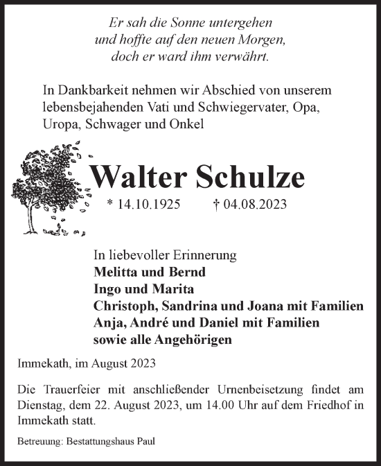 Traueranzeige von Walter Schulze von Volksstimme Altmark West