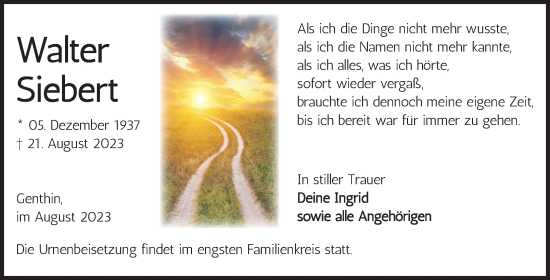 Traueranzeige von Walter Siebert von Volksstimme Burg/Genthin