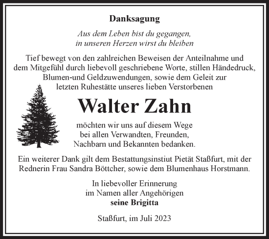 Traueranzeige von Walter Zahn von Volksstimme Staßfurt