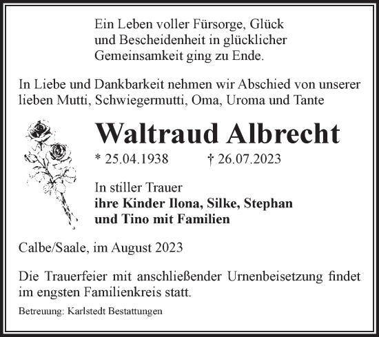 Traueranzeige von Waltraud Albrecht von Volksstimme Schönebeck