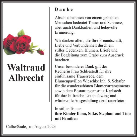 Traueranzeige von Waltraud Albrecht von Volksstimme Schönebeck