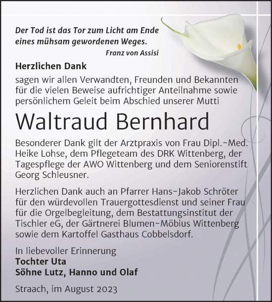 Traueranzeige von Waltraud Bernhard von Trauerkombi Wittenberg