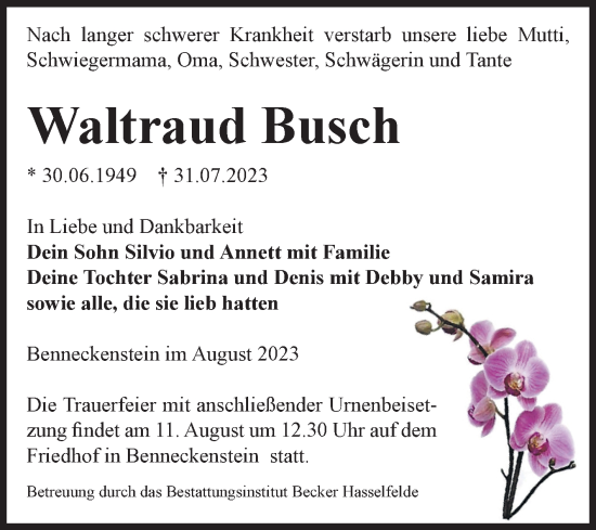 Traueranzeige von Waltraud Busch von Volksstimme Wernigerode