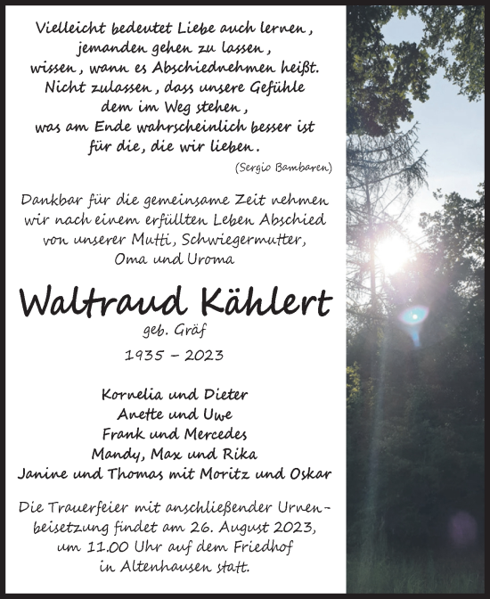 Traueranzeige von Waltraud Kählert von Volksstimme Haldensleben/Wolmirstedt