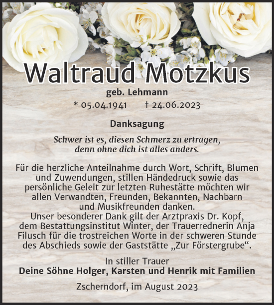 Traueranzeige von Waltraud Motzkus von Trauerkombi Bitterfeld