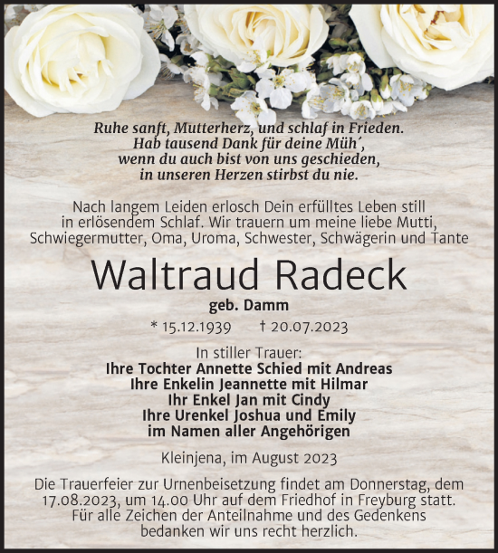 Traueranzeige von Waltraud Radeck von Wochenspiegel Naumburg/Nebra